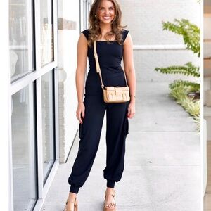 Susana Monaco Cargo Wide Strap Jumpsuit in black. Size M. EUC.